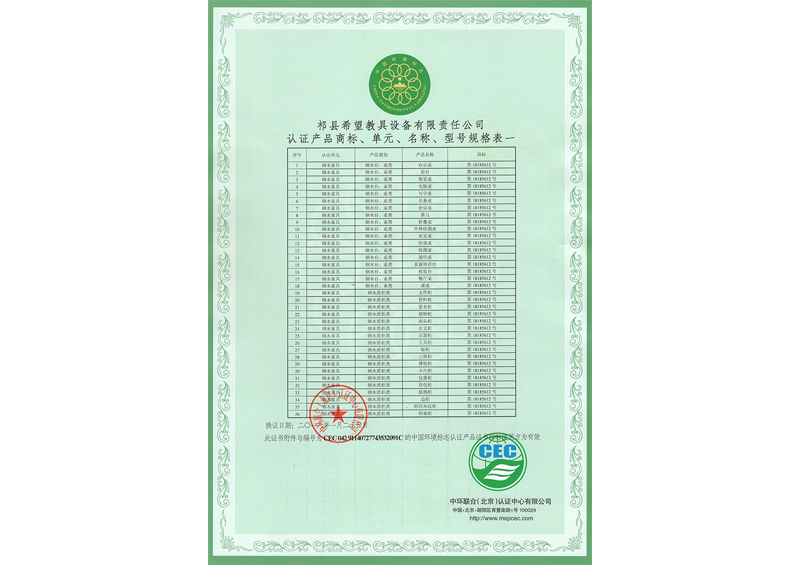 认证产品规格表一